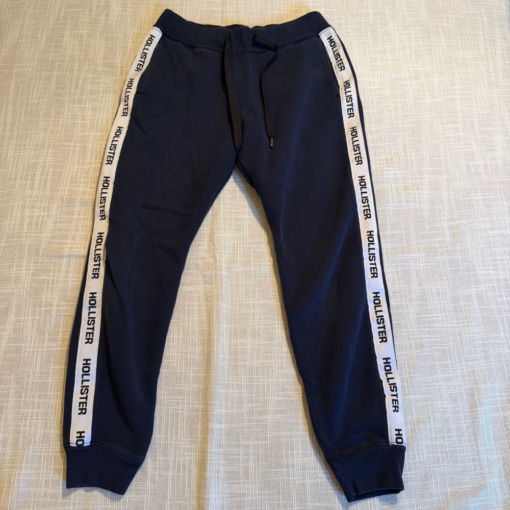 Hollister Kids Navy Blue Logo Tape Fleece Jogger Sweatpants Small S Side Stripe
